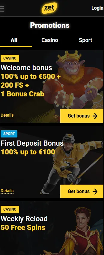 Zetcasino mobile browser promotions area