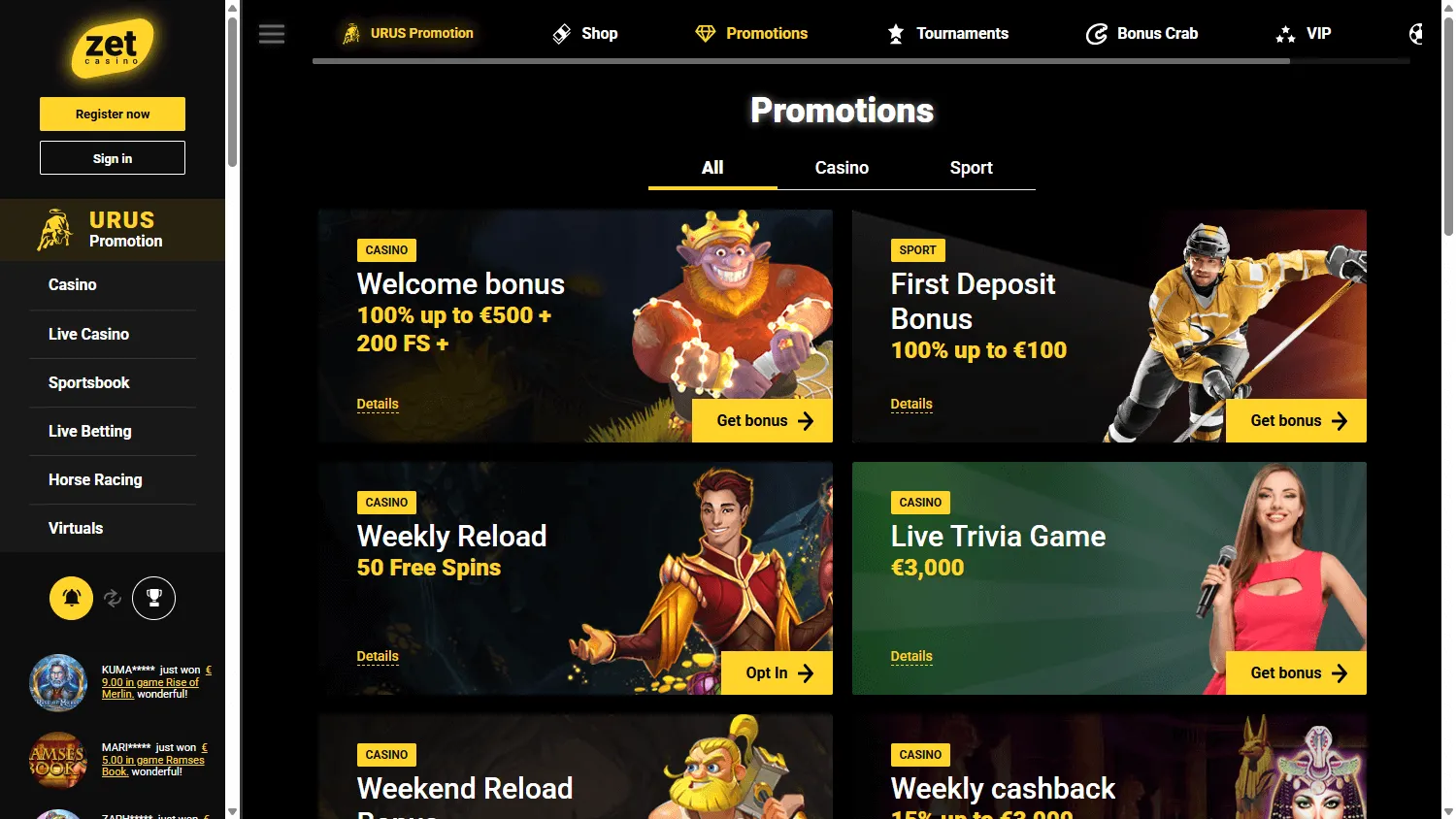 Zetcasino desktop promotions area with bonus and promotional offers