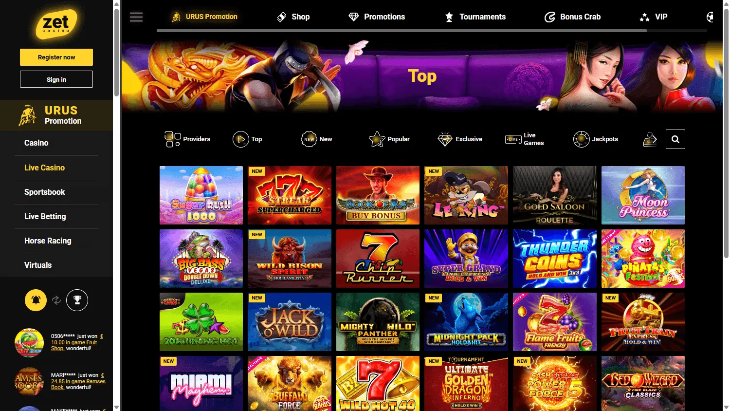 Zetcasino desktop games lobby with casino titles and categories